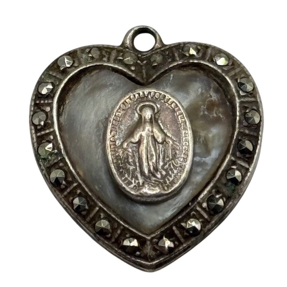 Vintage Sterling Silver Miraculous Medal Heart Pendant Shell Marcasite READ